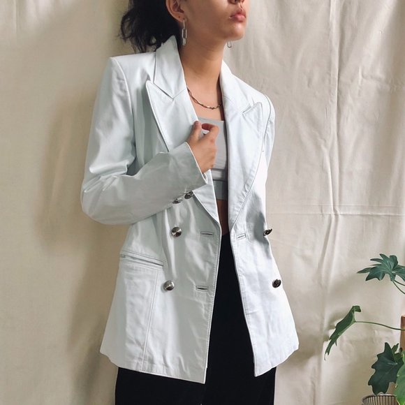 VINTAGE WHITE LEATHER BLAZER  deadstock vintage peak - Picture 1 of 4
